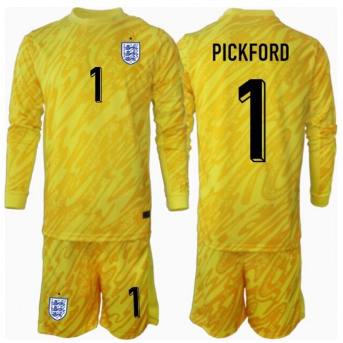 Fotbalové Dres Anglie Jordan Pickford #1 Brankářské Dětské Venkovní ME 2024 Dlouhý Rukáv (+ trenýrky)